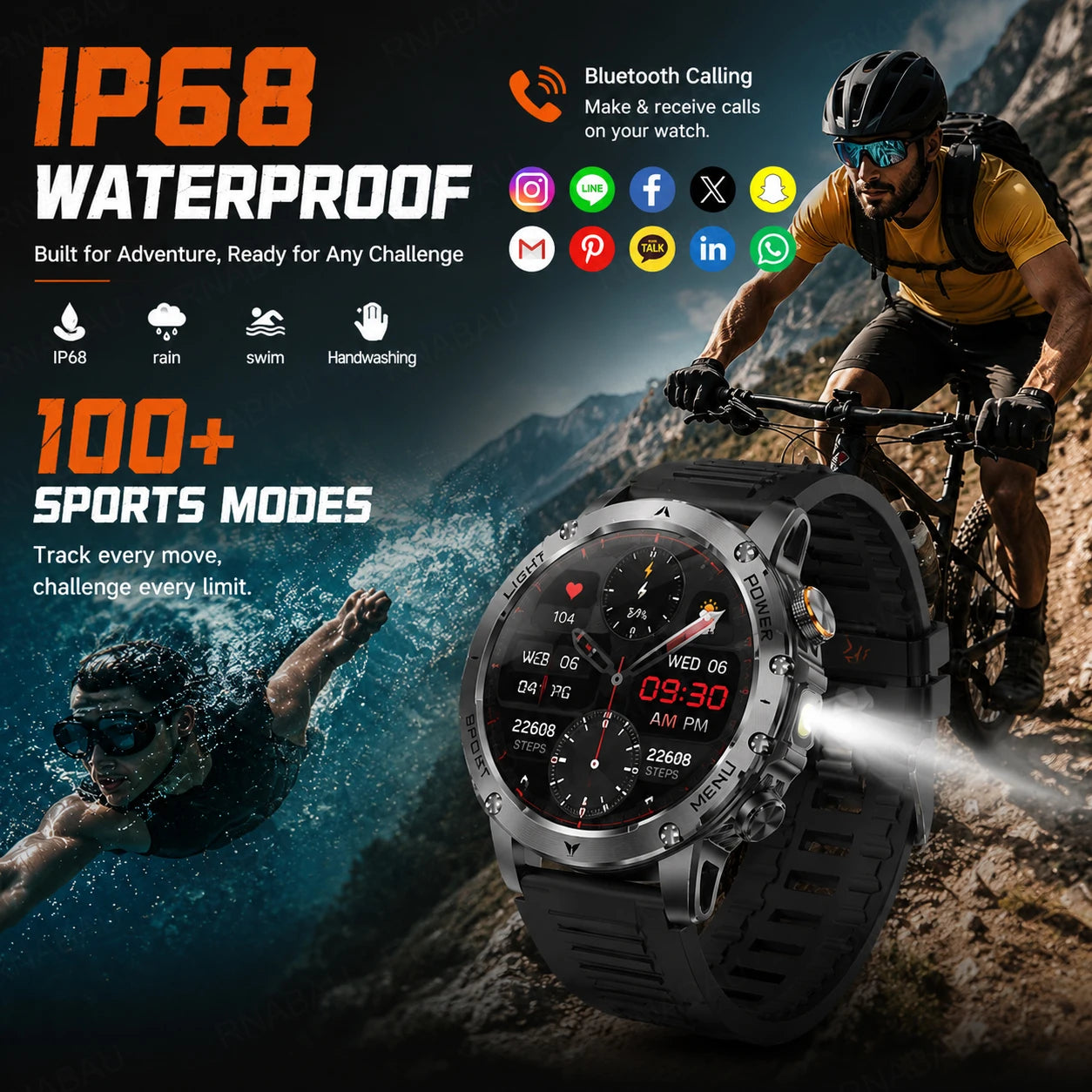 Militär Smartklocka Herr 2026 – 1,7" AMOLED, Bluetooth-samtal, IP68, 1000mAh, 100+ Sportlägen, EU-lager