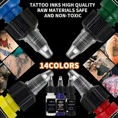 14-Color Tattoo Ink Set - 0.5oz Professional Pigments for Vibrant, Long-Lasting Body Art