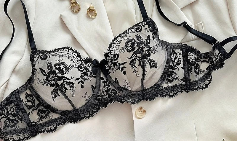 Conjunto Lencería Bordado Floral Transparente Aro Rejilla Copa Fina Sujetador Push Up Estilo Puro Deseo Ropa Interior Mujer S-XL