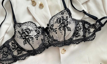 Conjunto Lencería Bordado Floral Transparente Aro Rejilla Copa Fina Sujetador Push Up Estilo Puro Deseo Ropa Interior Mujer S-XL