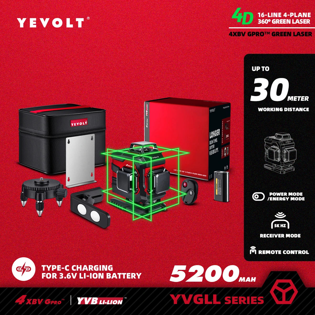 YEVOLT YVGLL4XS16 Grön Lasernivå 4D – 4 Plan, 16 Linjer, 3Ah/5,2Ah Batteri, Självnivellerande