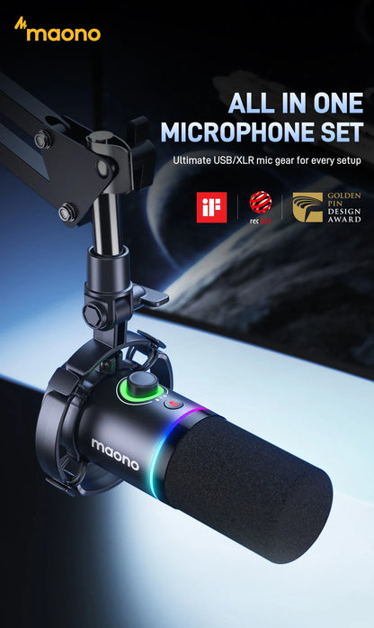 MAONO PD200XS USB/XLR Dynamic Microphone with Shock Mount Boom Arm Stand Maonolink Gain Knob RGB Light for PC Gaming Recording
