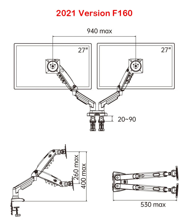New NB F160 Gas Spring Desktop 17'-27' Dual Monitor Holder Arm With 2 USB3.0 Monitor Mount Bracket Load 2-9 Kg Each Arm