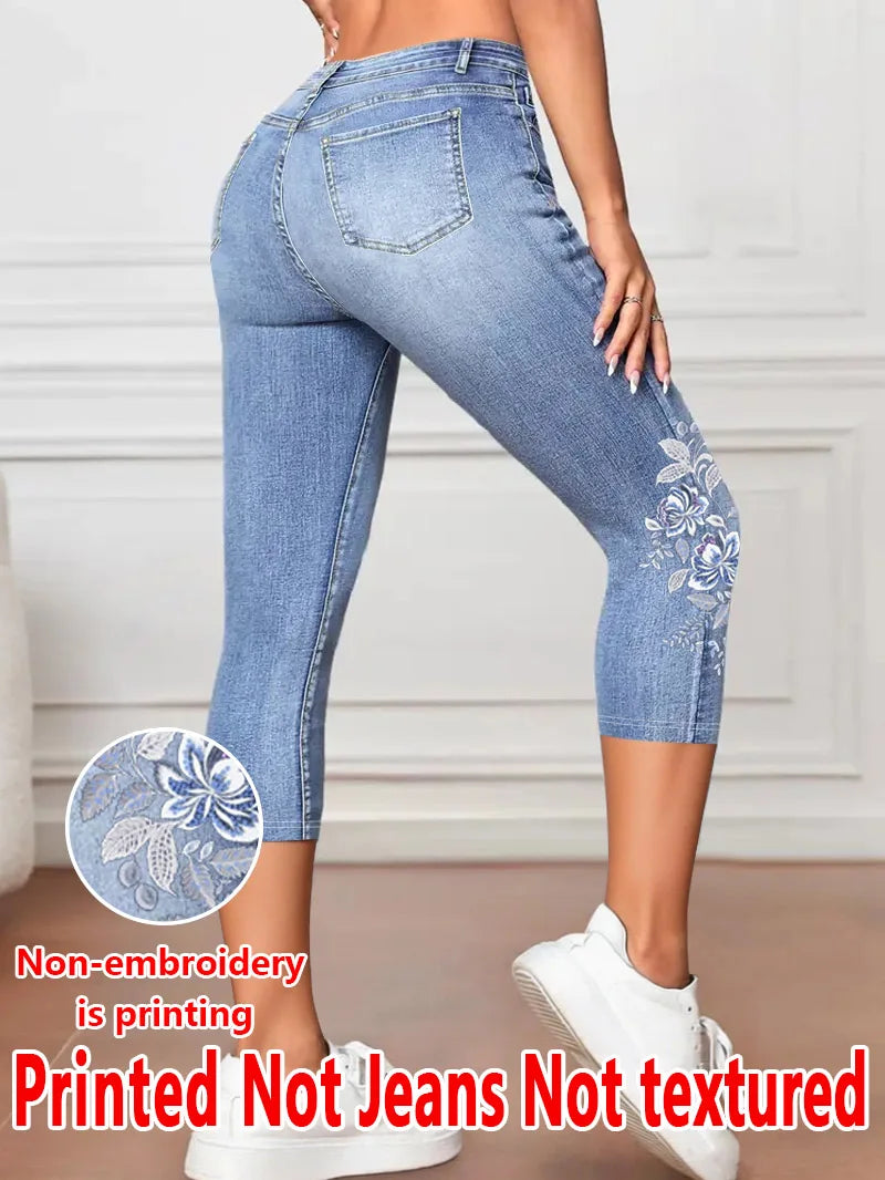 1343 Ladies' Three-Quarter Leggings with Floral Print, Form-Fitting Pants