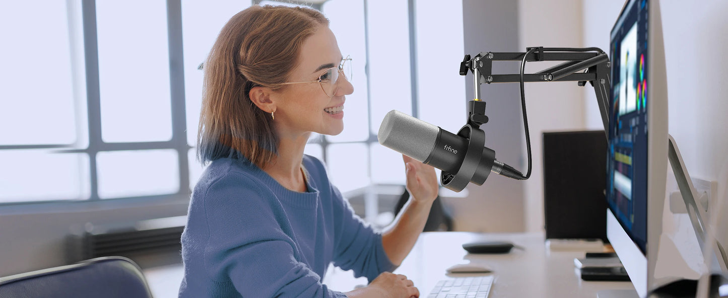 FIFINE Podcast Microphone Audio Mixer Headset Kit with Boom Arm for PC,Recording Studio Microphone for Youtube-K688/H8/Ampli1
