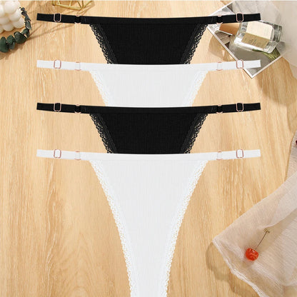 4Pc G-String Cotton Lace Women Thongs Lingerie Low Rise Panties Adjustable Waistband Straps Hipster Underwear For Girl Intimates