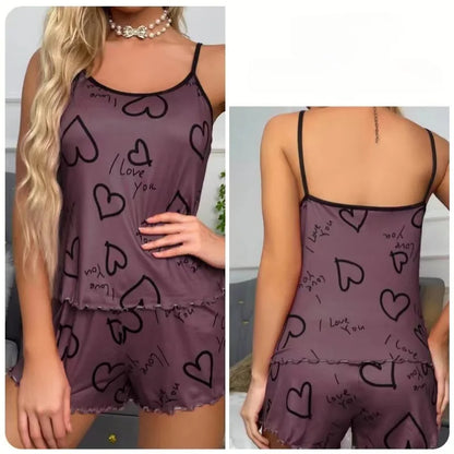 Dam Pyjamas Set Is-Silk – Röda Hjärtan, T-shirt & Shorts Sommar Loungewear