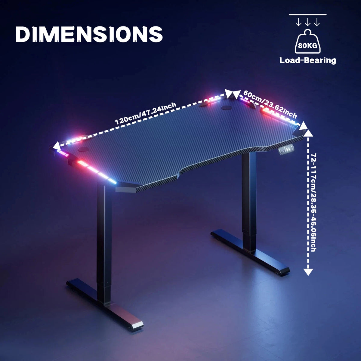 Electric Height Adjustable Gaming Desk With RGB LED Strip Lights, Built-In Cup Holder Headset Hook Ergonomic Computer Game Table with Carbon Fiber Surface, 2 Memory Positions and 3 Sizes