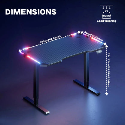 Electric Height Adjustable Gaming Desk With RGB LED Strip Lights, Built-In Cup Holder Headset Hook Ergonomic Computer Game Table with Carbon Fiber Surface, 2 Memory Positions and 3 Sizes