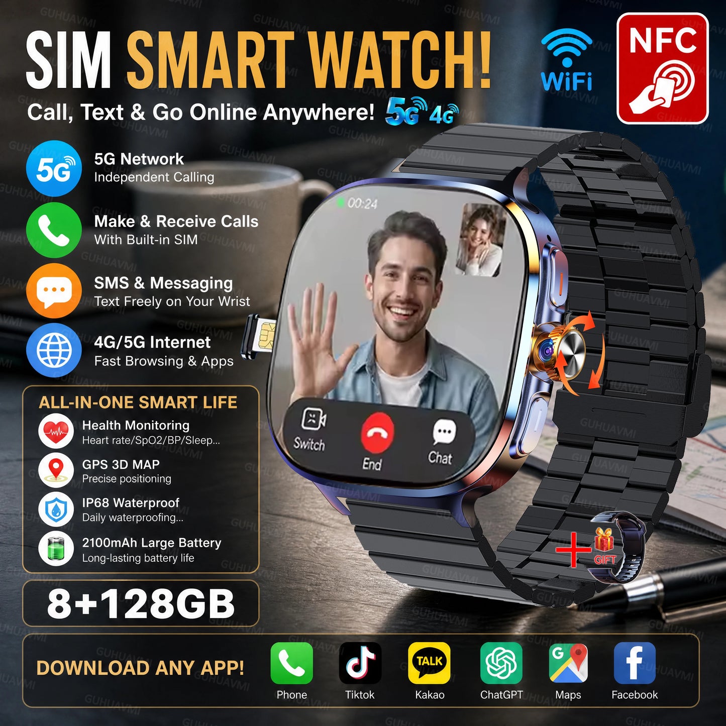 2026New 5G SIM Smart Watch 2.4" AMOLED 8+128GB GPS+NFC WIFI 1000W HD Camera IP68Waterproof Health Monitor Android Smartwatch Men