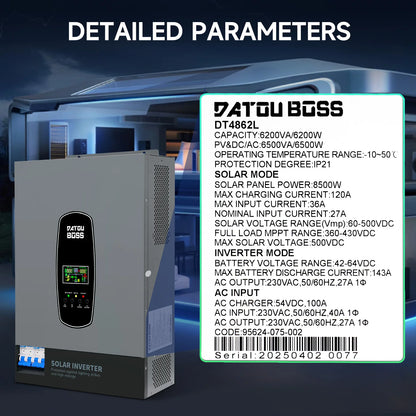 DATOUBOSS Solhybridinverter Ren Sinusvåg – 1,8kW 12V / 3kW 24V / 6,2kW 48V till 220V, Parallellanslutning, EU-lager Polen