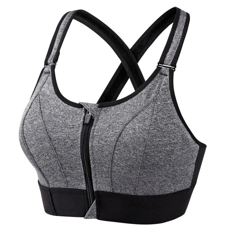Women High Impact Shockproof Sports Bra Front Zip Adjustable Shoulder Straps Back Support Yoga Running Fitness Bralette
