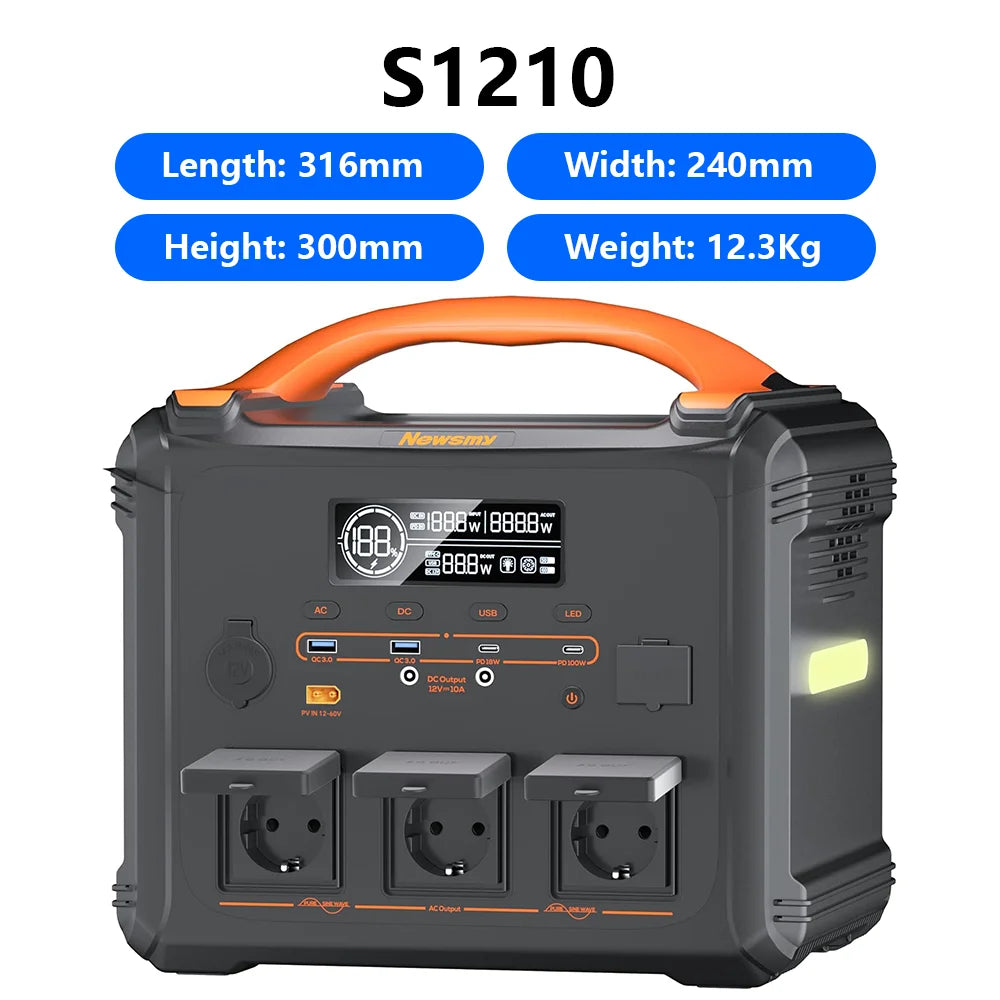 [Shipped From Within Europe]Newsmy S1210 Portable Power Station 1102.5Wh Capacity LiFePO4 Battery with 2500+ Cycles 2000W Rated Power 12 Output Ports Smart HD LCD Display LED Lighting
