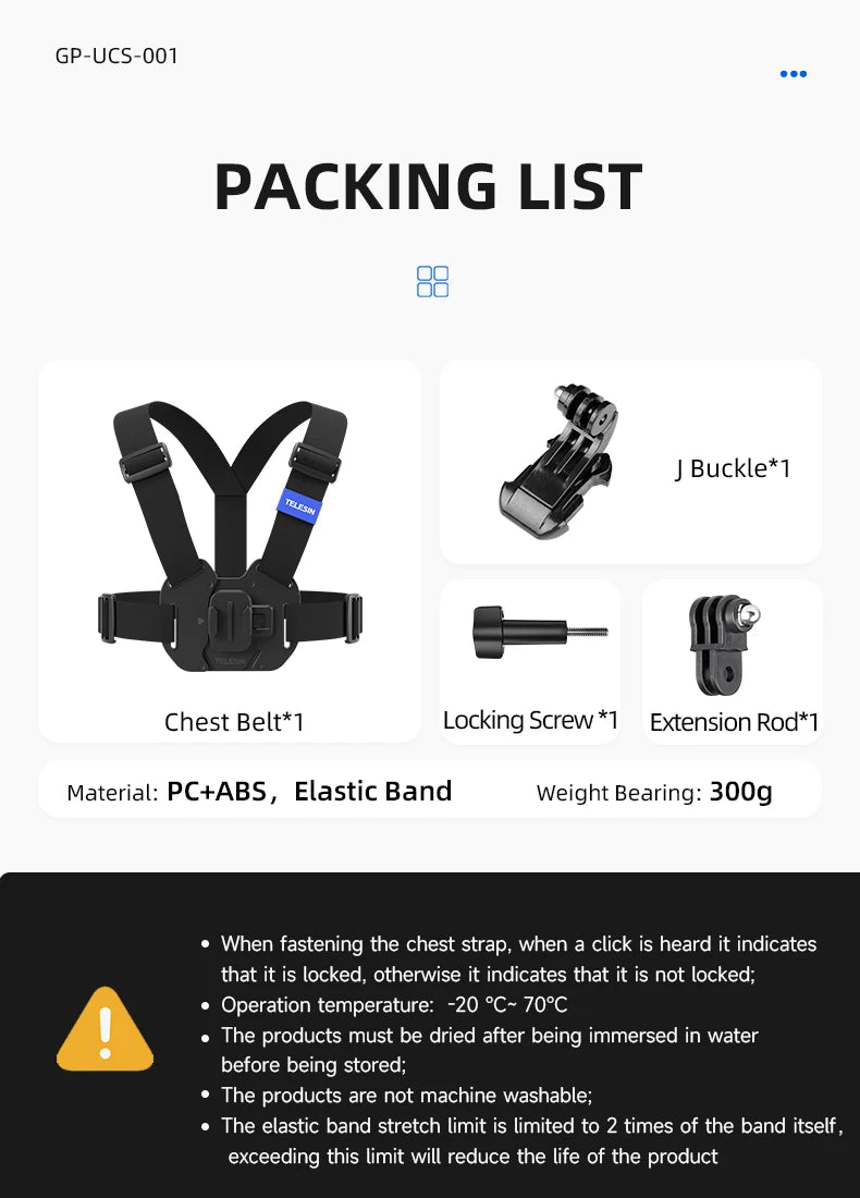 TELESIN Quick-Release Chest Strap Mount for GoPro Hero 13 12 11 10 9 8 7 Insta360 SJCAM DJI OSMO Action 5 4 3 Chest Belt Mount