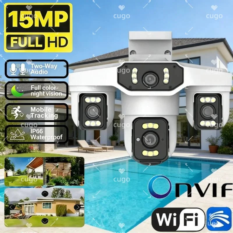 15MP Wifi IP Camera Three Lenses 8K PTZ Four Lens Outdoor Smart Home Wireless Surveillance Cameras Onvif Baby Monitor YOOSEE
