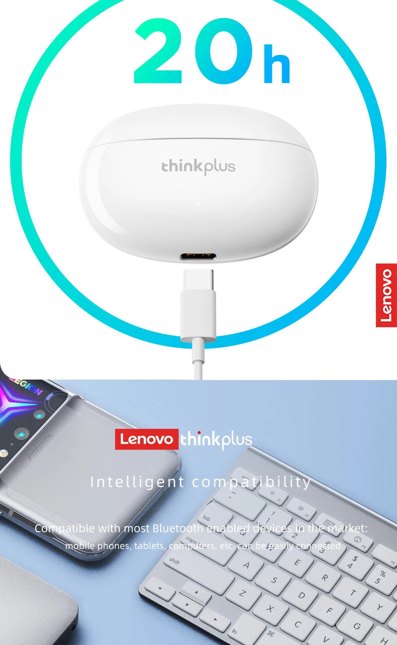 Lenovo GM2 PRO XT88 True Wireless Earbuds – Bluetooth 5.3 Dubbel Mikrofon Touch 4h Speltid Svettskyddad HiFi Bass CE/FCC Vit Svart