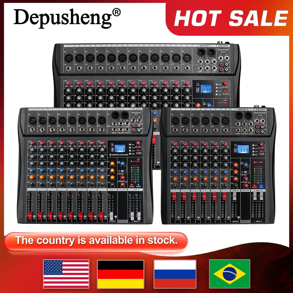 Audio Mixer 6/8/12 Channels Professional DJ Mixer LR Microphone/Line Input, AUX, FX Processor MP3, Headphones, +48V Phantom