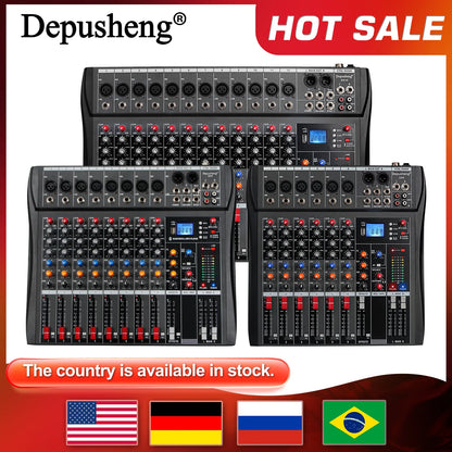 Audio Mixer 6/8/12 Channels Professional DJ Mixer LR Microphone/Line Input, AUX, FX Processor MP3, Headphones, +48V Phantom