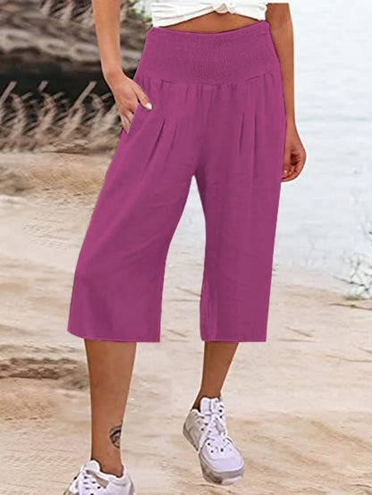 Summer 2024 Amazon Eurn women's cross-border cotton hemp seven waist pocket pocket pocket pocket wide leg pants woman