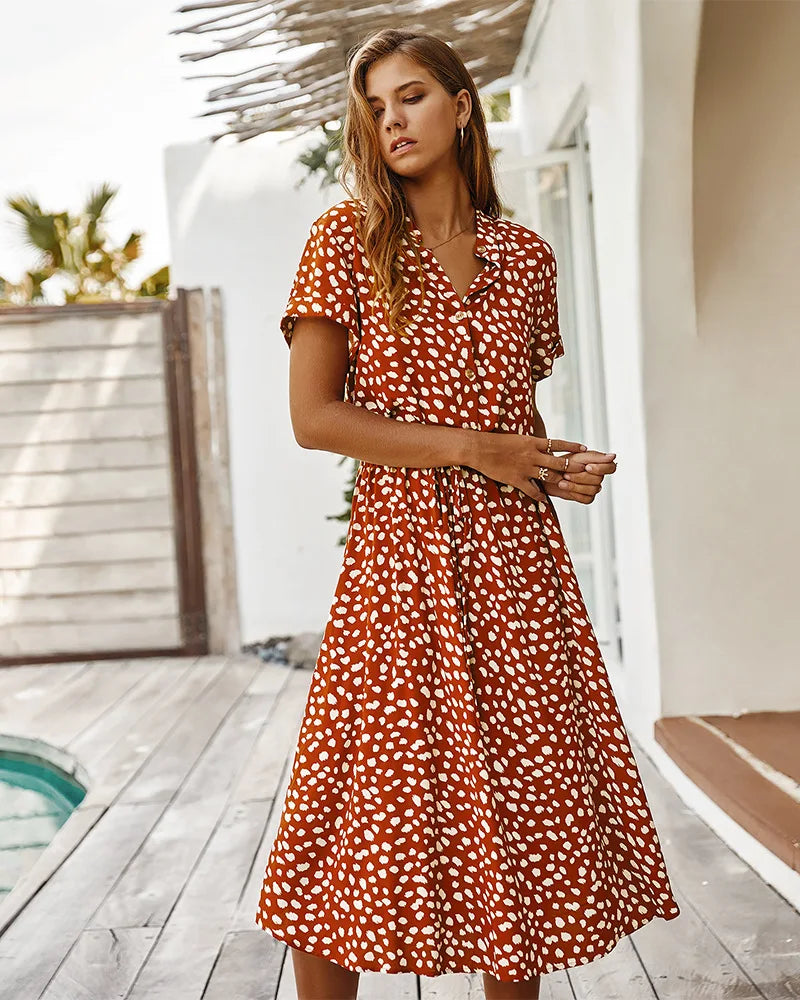 Vintage Blommig Boho Skjortklänning – Kortärmad, Lång, Nedvikt Krage, Skärp, 6 Färger, S–XL
