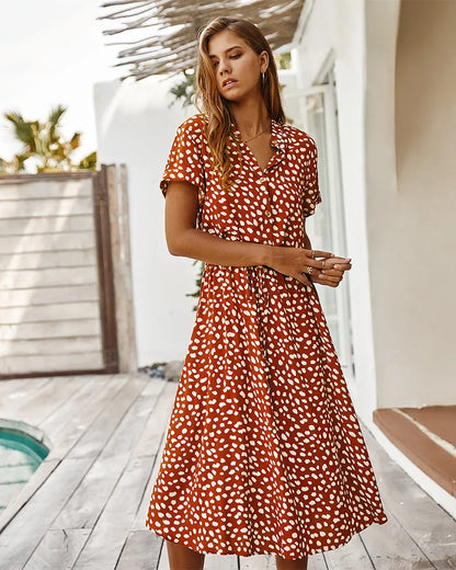 Vintage Blommig Boho Skjortklänning – Kortärmad, Lång, Nedvikt Krage, Skärp, 6 Färger, S–XL