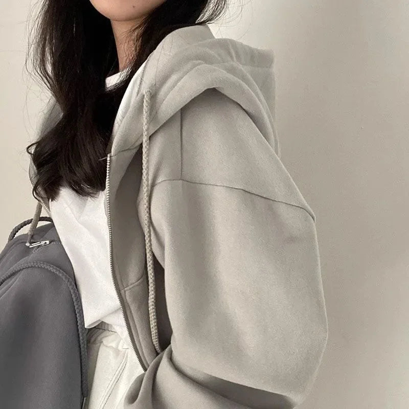 Zippered Long Sleeved Hooded Sweatshirt Loose Casual Simple Trendy Versatile Solid Color Fashionable Lazy Jacket Wholesale