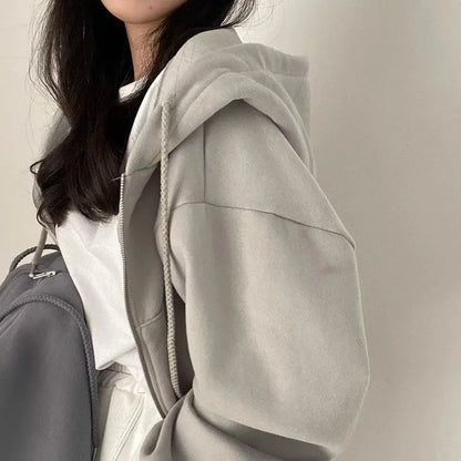 Zippered Long Sleeved Hooded Sweatshirt Loose Casual Simple Trendy Versatile Solid Color Fashionable Lazy Jacket Wholesale