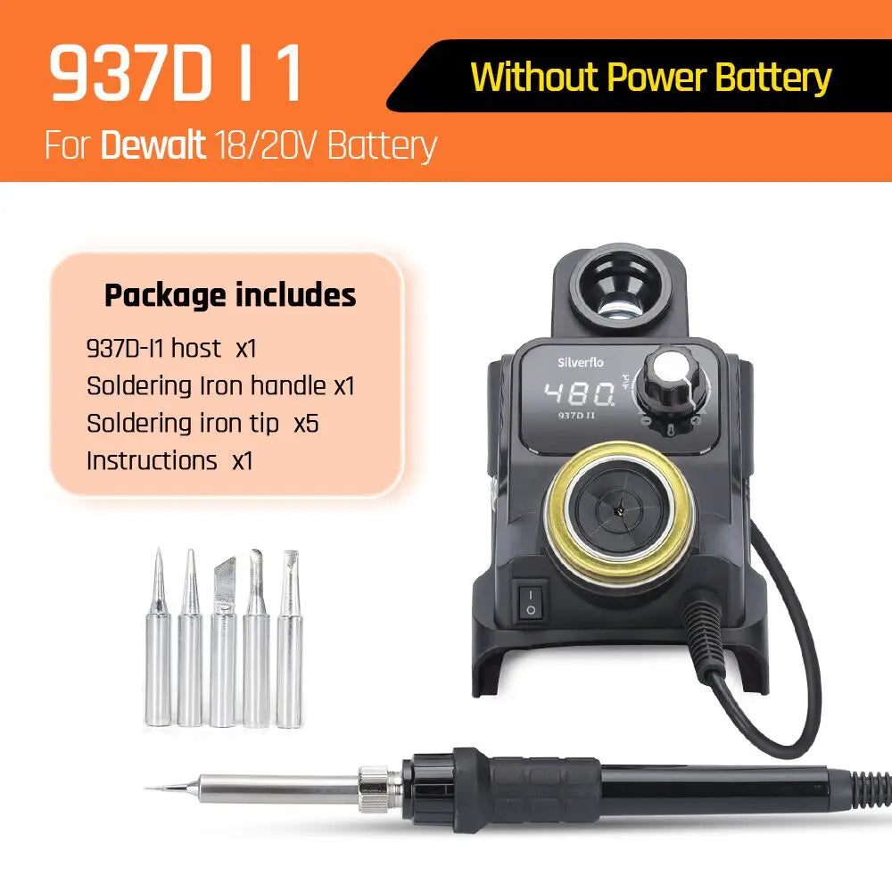 Silverflo 937DI Trådlös Löddstation – Portabel, 200–480°C, Kompatibel med DeWalt/Milwaukee/Makita 18–20V Batteri