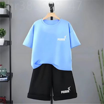 Summer Kids Print 2pcs Breathable Tees+Shorts Leisure Suits 3-12 Years Boys Girls Outfits Children Cool Black White Clothes