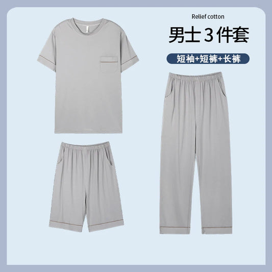 Plus Size L-5XL Modal Herr Pyjamas Set Sommar Mjuk Nattkläder 3-delat Set