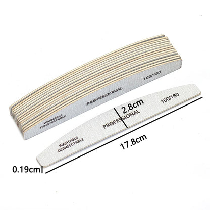 2/6/8/12/20pcs Professional Nail File Grey Half Moon Wooden Nail Files 100/180 Grit Double-Sided Sanding Washable Manicure Tools