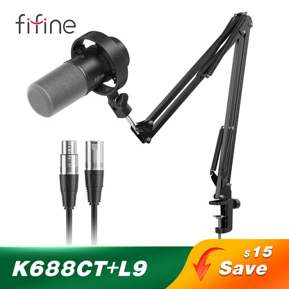 FIFINE Podcast Microphone Audio Mixer Headset Kit with Boom Arm for PC,Recording Studio Microphone for Youtube-K688/H8/Ampli1