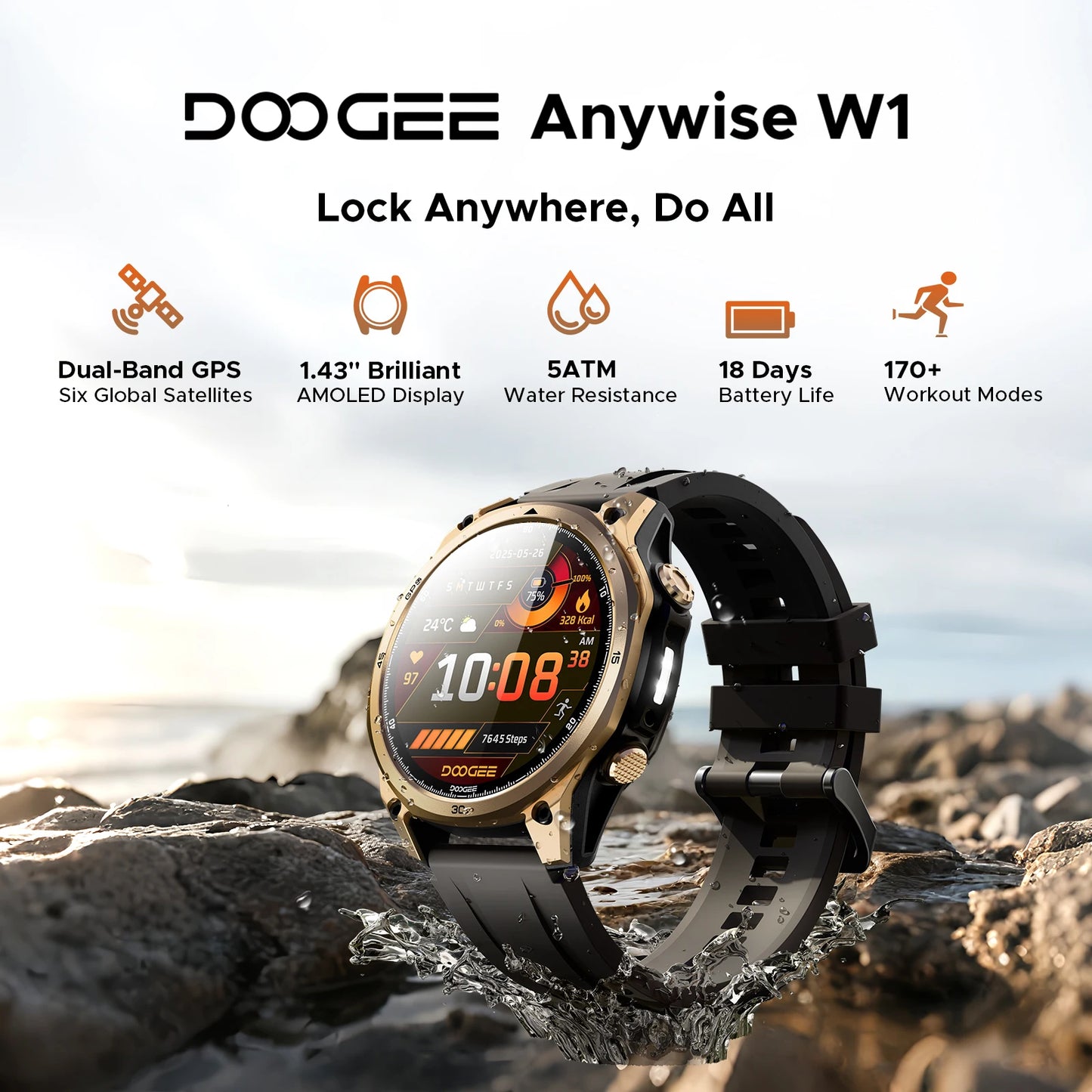 DOOGEE Anywise W1 AI Smartklocka – GPS, 1,43" AMOLED, 24h Hälsomätning, 5ATM Vattentålig, EU-lager