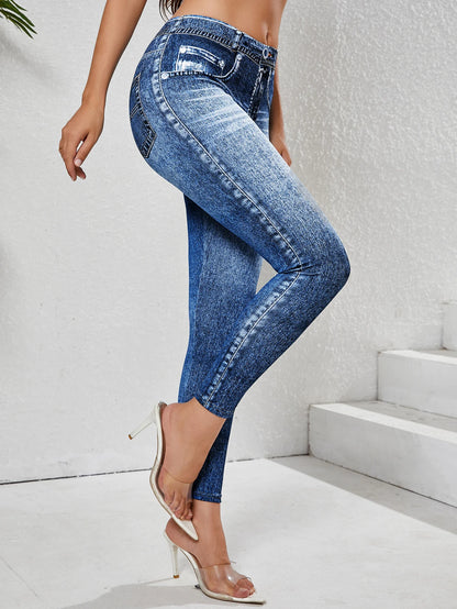 Women's Imitation Denim Leggings With Pockets High Stretchy Comfortable Tummy Control Fitness Gym Yoga Pants Daily Wear