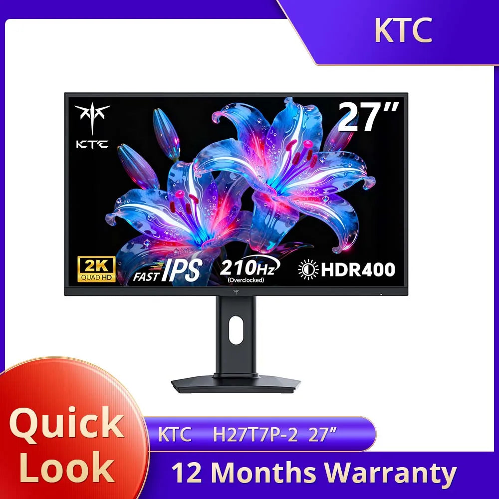KTC H27T7P-2 Gaming Monitor 27" – Fast IPS 2K QHD 210Hz OC 1ms HDR400 FreeSync G-Sync 1,07 Mdr Färger Höjdjusterbart Stativ VESA