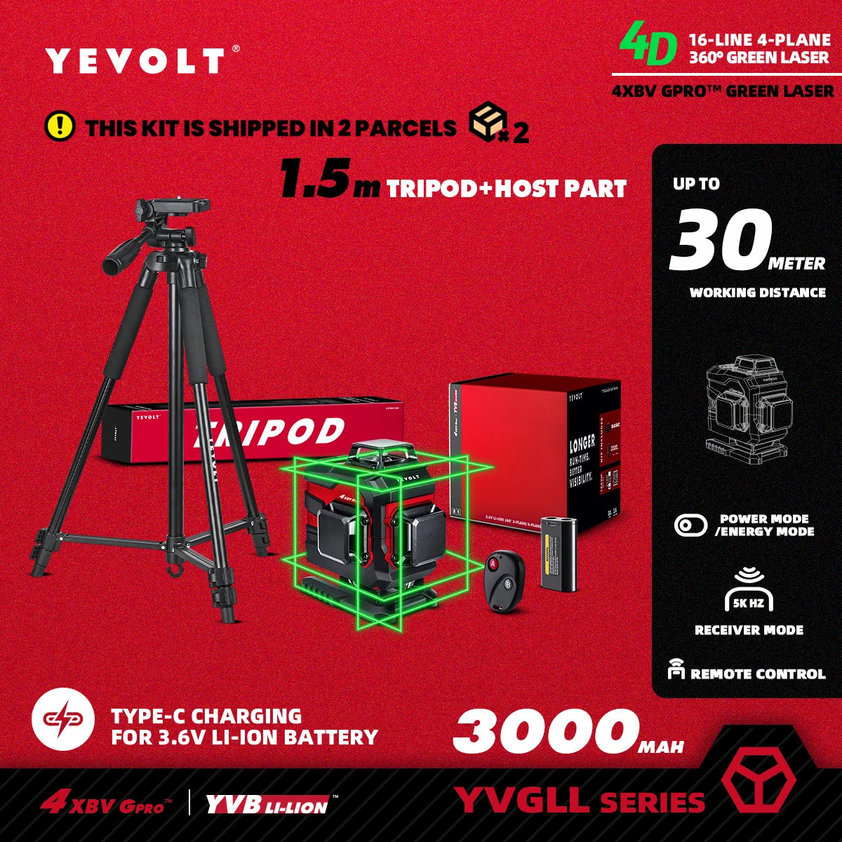 YEVOLT YVGLL4XS16 Grön Lasernivå – 4 Plan, 16 Linjer, Självnivellerande 360° 3D