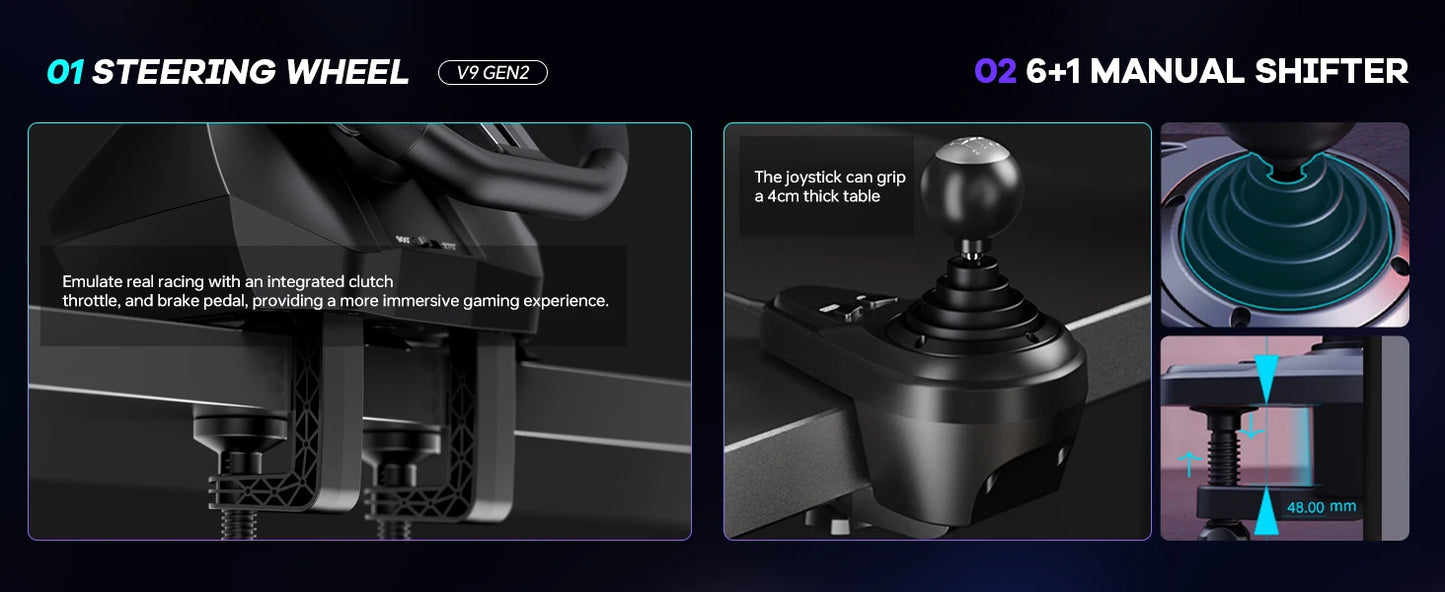 PXN V9 GEN2 Racing Wheel for PC/Xbox/PS4, 270°/900°, Hall 3-Pedal Set, H-Shifter, Dual Paddles, RGB, App