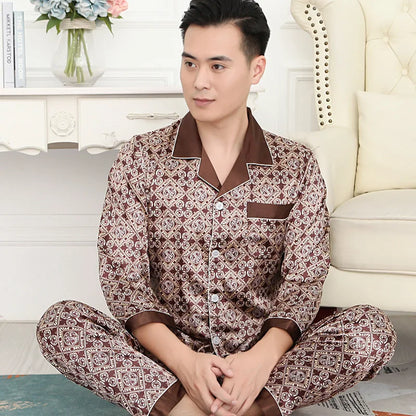 Herr Silk Satin Pyjamas 2-delad – Långärmad Topp & Byxor Tryckt Mönster, Svart/Röd/Marinblå