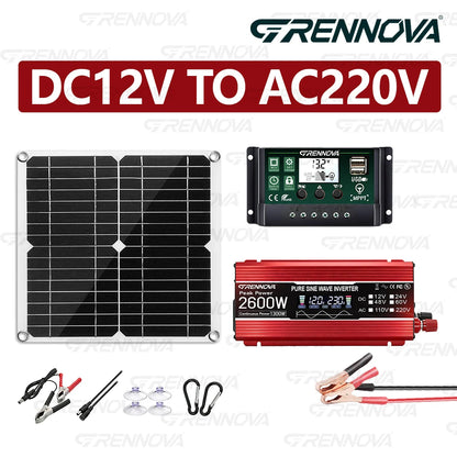 Grennova Solcellskit 1300W – Ren Sinusvåg 2600W Peak + 30W Panel + 60A MPPT, 110V/220V Off-Grid Kyl TV Husbil