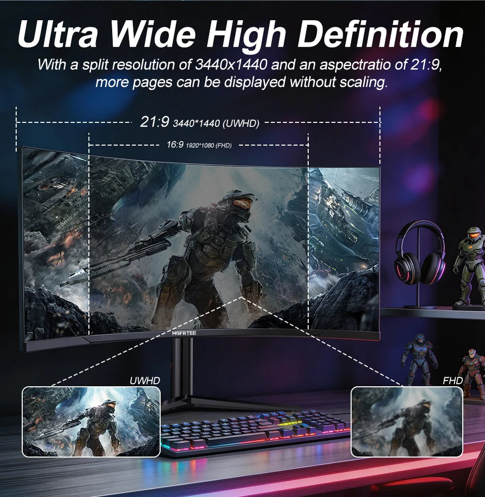 HGFRTEE B340Q Kurvig Gaming-skärm 34" WQHD – VA 3440x1440 165Hz 1500R 21:9 HDR 1ms Matt Yta HDMI