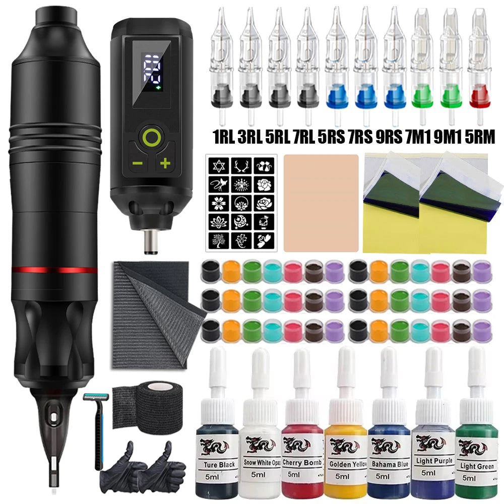 Wireless Tattoo Pen Kit Rotary Tattoo Pen Kit with Wireless Power Supply Cartridge Tattoo Needles for Tattoo Beginners Kits