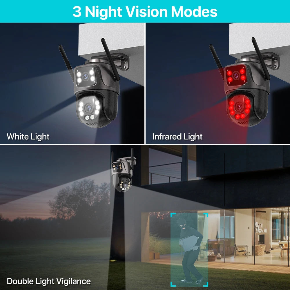 PTZ Utomhuskamera med Dubbla Linser – 4MP/8MP, WiFi, AI-spårning, Färg-nattseende och iCSee