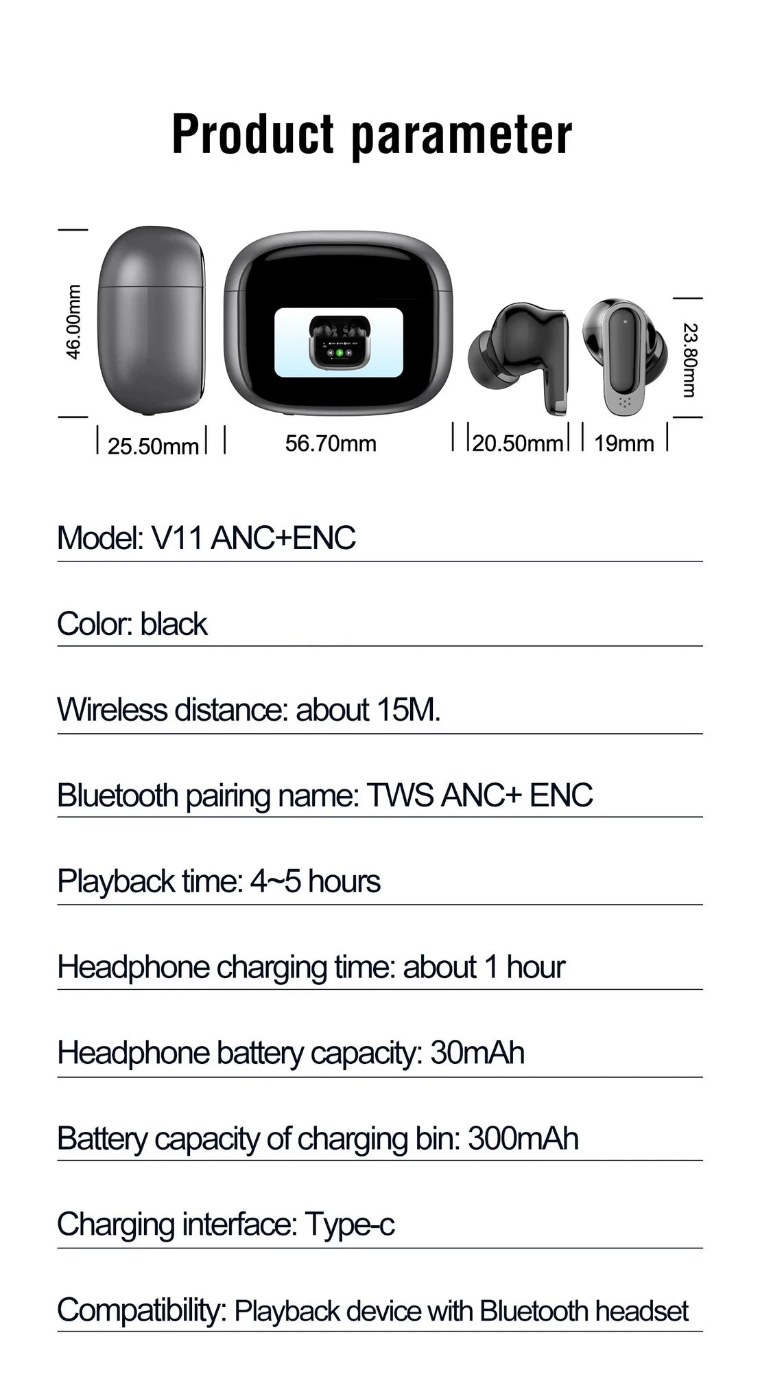 BOSECXT V11 True Wireless In-Ear Earbuds – Bluetooth 5.4 ANC ENC HiFi Stereo Touch-kontroll Mikrofon Laddningsfodral Svart