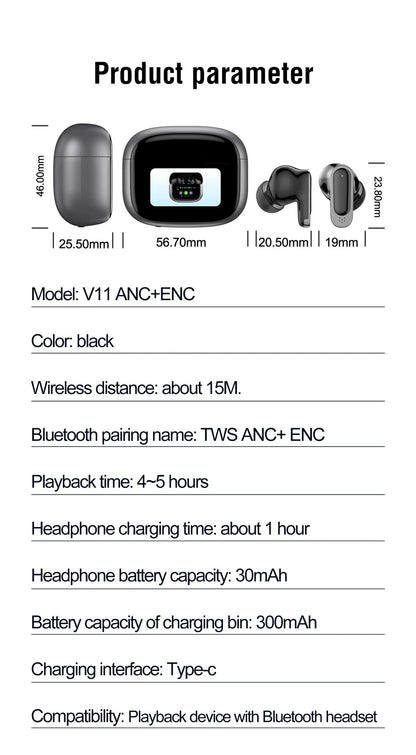 BOSECXT V11 True Wireless In-Ear Earbuds – Bluetooth 5.4 ANC ENC HiFi Stereo Touch-kontroll Mikrofon Laddningsfodral Svart