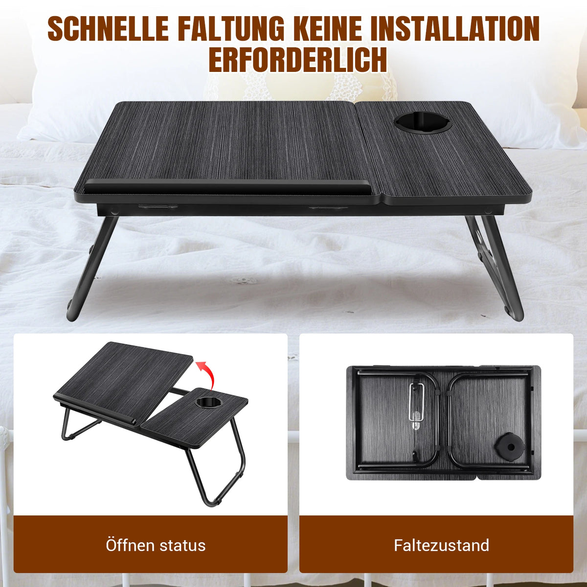 Laptop Table 5-step height adjustable laptop table for bed with folding table legs Cup holder reading stand laptop holder breakfast tray and bookend