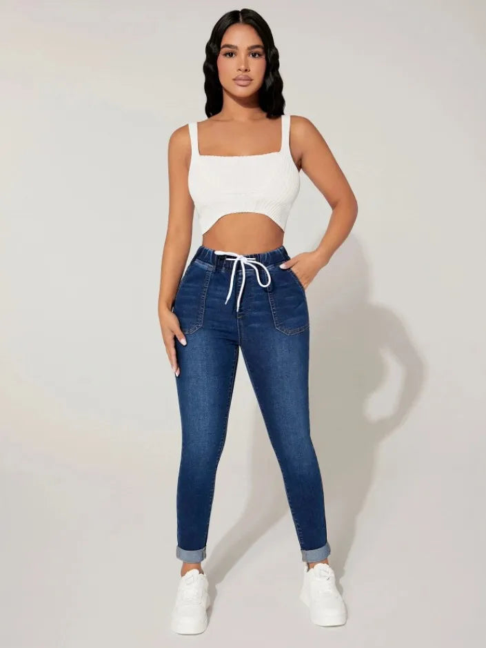Stretch Pencil Pants Women High Waist Lace Up Distressed Denim Ankle Length Trousers Slim Denims 2024 Streetwear Vintage Jeans