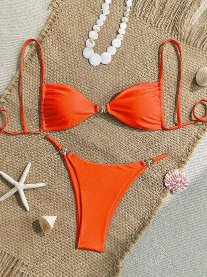 Cikini Women's Sexy Bikini Two Pieces Set Accessories Glossy Texture Special Fabric Solid Color Summer Beach Swimwear
