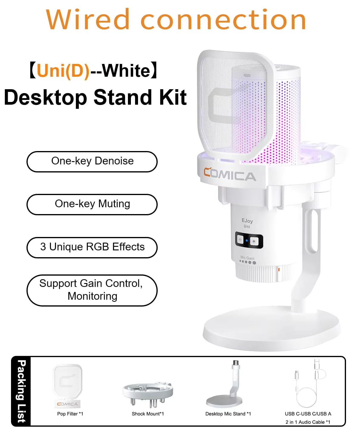 COMICA Ejoy UNI Wired USB Gaming Microphone with Noise Cancellation/RGB for PC Smartphone,Condenser Mic for Streaming Podcasting