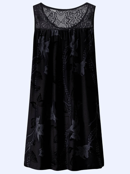 Plus size women's sleeveless round neck A-line dress with contrasting lace border floral print - knee length casual and pretenti