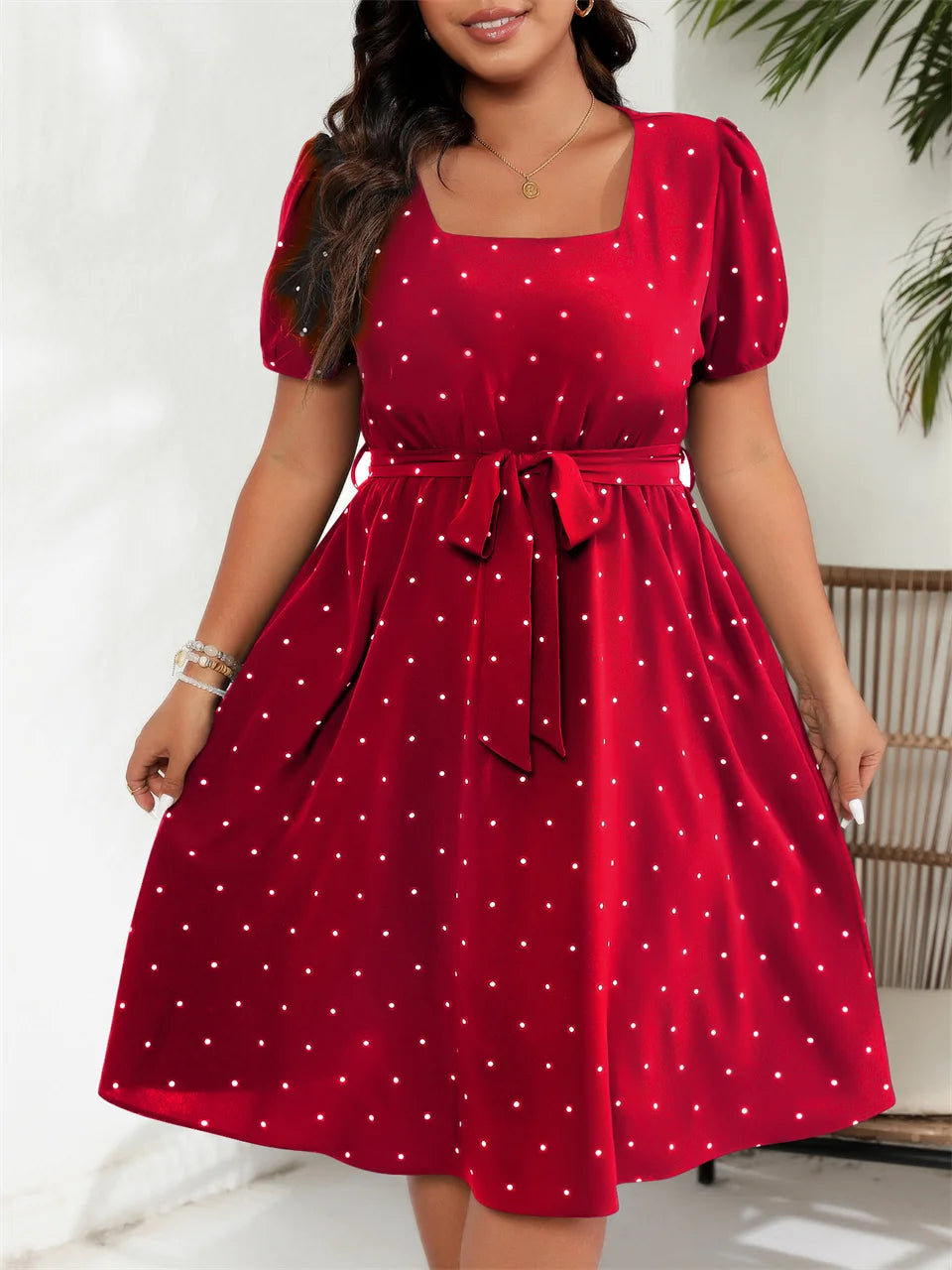 GIBSIE Plus Size Square Neck Polka Dot Belted Dress Women's Elegant Retro Puff Sleeve High Waist Summer A-line Big Swing Dresses